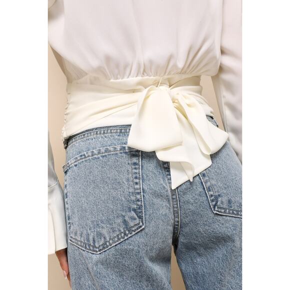 Lulus Women Poised Flair Ivory Ruched Button-up Long Sleeve Top Size XL - Picture 3 of 14